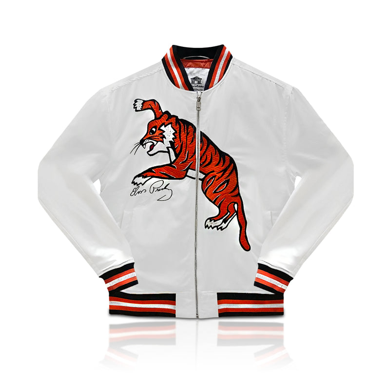 Varsity-style leather jacket with tiger graphics